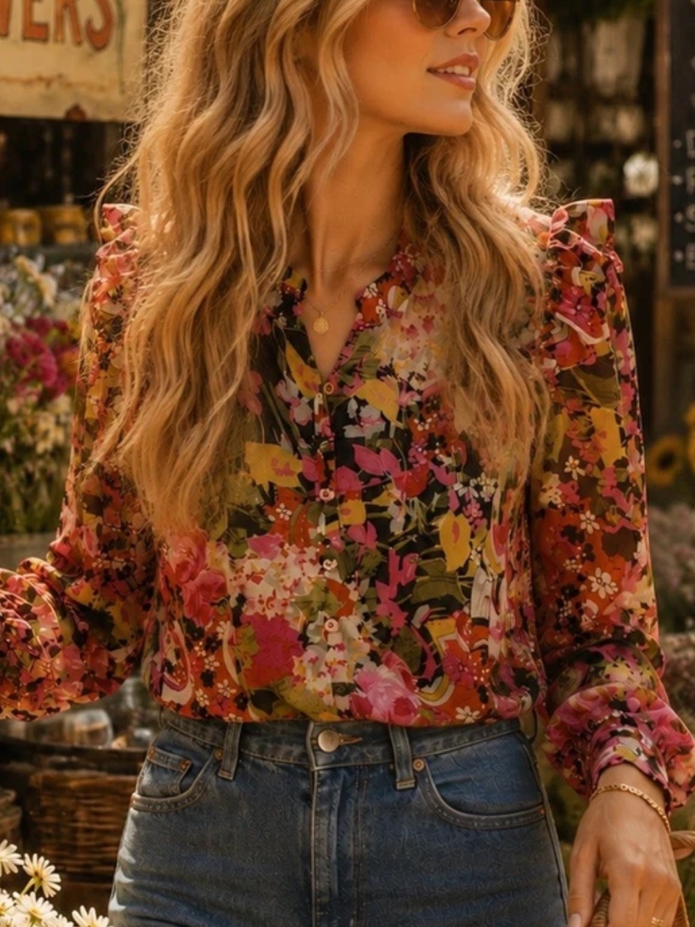 NWT Walter Baker Floral Puff Sleeve Blouse - Pink, Orange, Green, Cream - Picture 1 of 7
